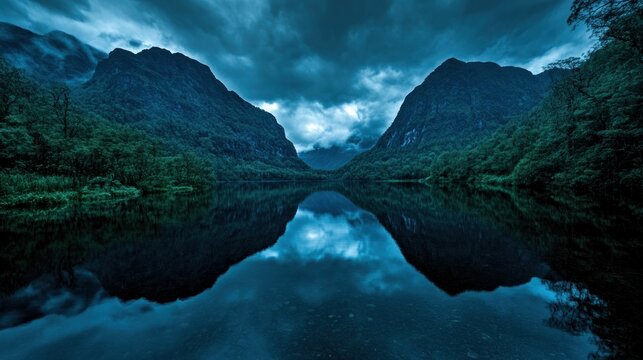Serene mountain landscape reflecting on a tranquil lake under a dramatic cloudy sky - Powered by Adobe