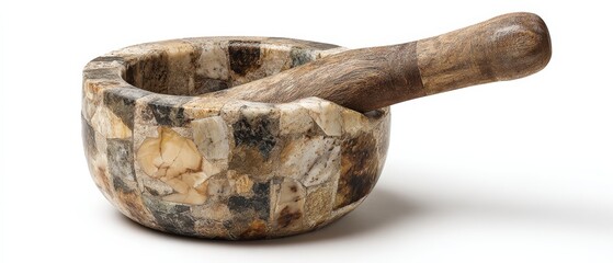 Traditional stone mortar and pestle used for grinding herbs spices and prepa traditional medicine in rustic kitchen setting
