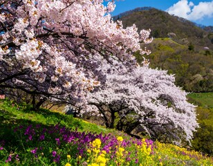 Cherry blossoms bloom on a hillside