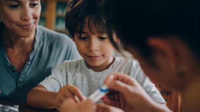 Medium shot of parent explaining dengue selftest kit instructions to child test strip and kit box sharply detailed family faces gently blurred behind.