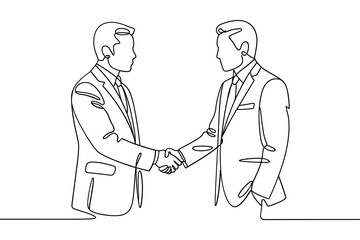 Two businessmen in suits shaking hands in a single line drawing illustration