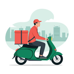 Delivery man riding scooter during day, fast service