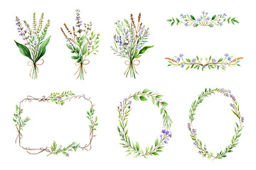 Watercolor floral arrangements bouquets wreaths and borders with lavender and green leaves on