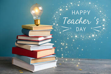 Stack of books with glowing light bulb and festive “Happy Teacher’s Day” text on blue background, celebrating educators’ role in inspiring minds and spreading knowledge generative ai