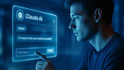 Software engineer interacting with a conversational ai chatbot interface displayed on a futuristic transparent screen, touching the message box with his finger
