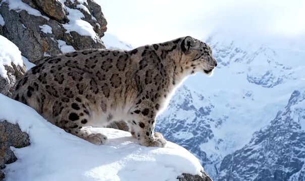 Snow leopard standing on a snowy mountain ledge