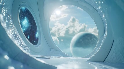 Futuristic space station view with windows looking at space and an earth like planet view outside