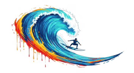 Surfer riding a colorful wave isolated on transparent background