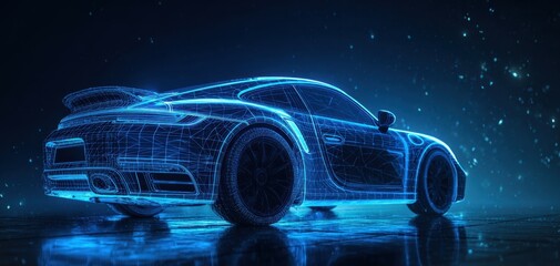 The sleek blue wireframe model of a futuristic luxury sports car.