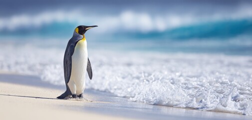 Fototapeta premium The majestic penguin standing on a serene beach with rolling waves.