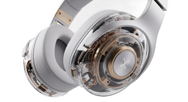 Modern white headphones with transparent earcups showing internal components. - Powered by Adobe