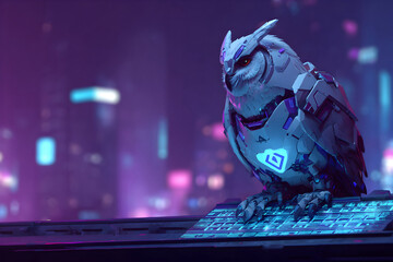 futuristic cyber owl using glowing digital interface in neon cityscape