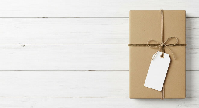 Brown paper package tied with twine and a blank white gift tag on a white wooden surface, top view