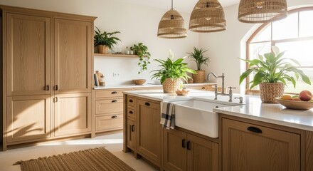 modern kitchen interior with tropical plant and rattan lamps