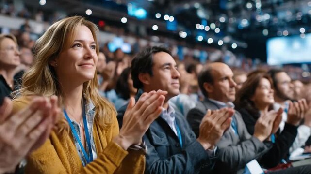 Applauding the speaker: Group of people applauding an inspiring speaker during a conference, event. Focus on attendees and capture the feeling of appreciation.