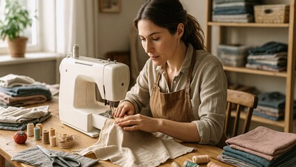 Female tailor using sewing machine for creating new clothes collection in cozy home studio, surrounded by fabrics and threads, enjoying creative process of dressmaking