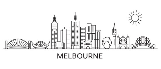 Fototapeta premium Melbourne Line Art skyline. Travel Melbourne famous landmarks. Business and tourism concept for presentation, banner, web site. with white background