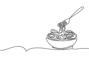 Minimalist line art of a fork twirling spaghetti in a bowl