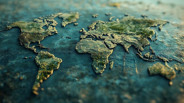 A topographic world map showing continents and oceans with a textured and artistic appearance