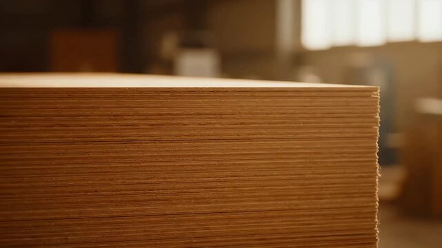 Close-up of stacked plywood sheets in a woodworking factory or construction material warehouse