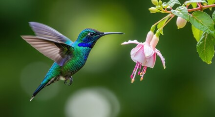 Obraz premium Hummingbird Feeding On a Pink Fuchsia Flower nectar