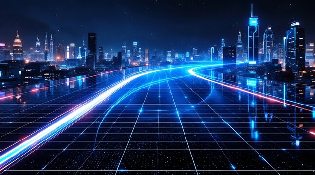 Futuristic Cityscape with Neon Light Trails and Digital Grid at Night