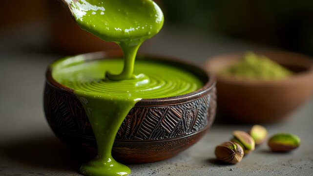 Green homemade pistachio paste pouring down close up