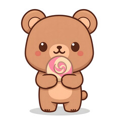Obraz premium Adorable brown bear cub holding a sweet swirl lollipop, happy expression isolated on transparent background Generative AI.