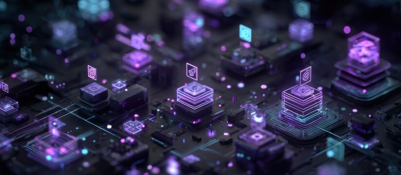 Abstract digital city of interconnected glowing cubes