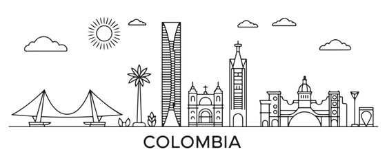 Obraz premium Colombia Line Art skyline. Travel Colombia famous landmarks. Business and tourism concept for presentation, banner, web site. with white background