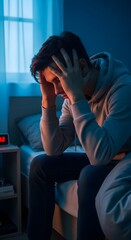 A distressed man sits on a bed at night, head in hands, appearing overwhelmed by insomnia or stress.