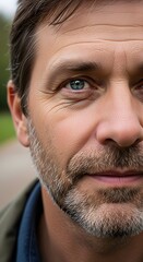 Obraz premium Close-up portrait of a middle-aged man, showcasing his eye, face, and expression.