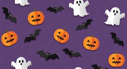 Spooky Halloween fun with carved pumpkins, playful bats, and friendly ghosts flying across a rich purple background. Celebrate the night!