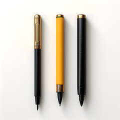 Luxury pens and fountain pen arranged on white background in premium stationery flat lay composition