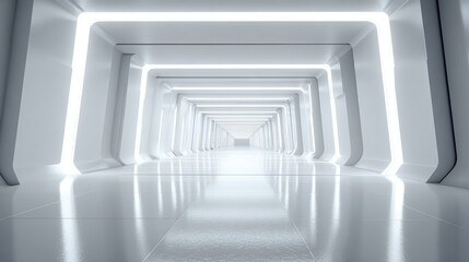 Fototapeta premium Futuristic Corridor with Bright LED Lighting and Modern Minimalist Design in a Long Empty Tunnel