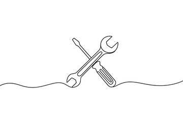 Crossed wrench and screwdriver continuous line art