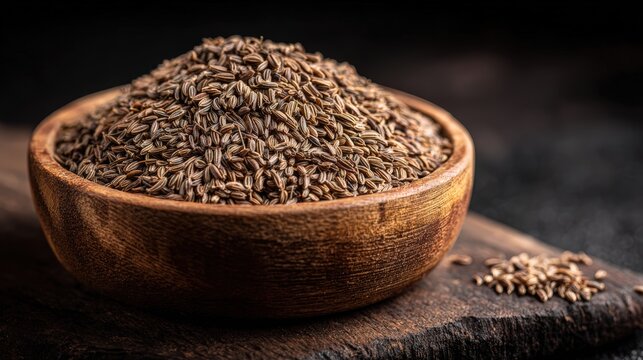 Close-up of a wooden bowl filled with dried cumin seeds on a dark background, highlighting their small oval shape and earthy brown color