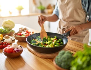 Person cooking vegetables in a kitchen