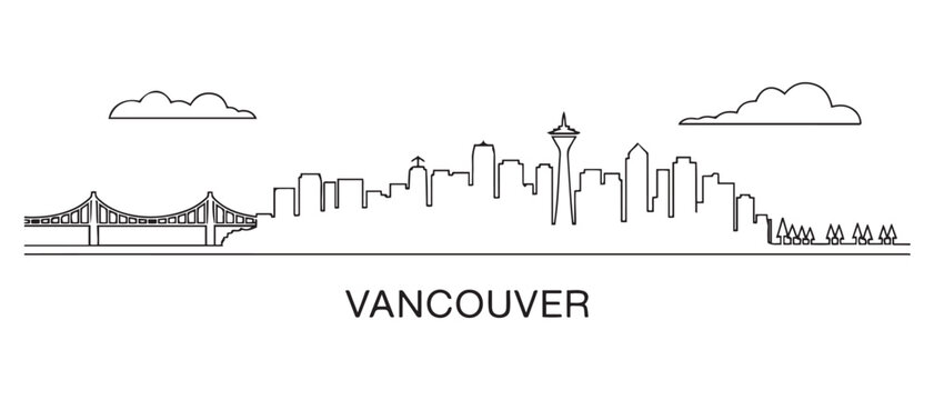 Vancouver Line Art skyline silhouette. Landscape Vancouver, British Columbia. Vector illustration. with white background