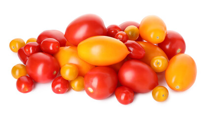 Heap of different ripe juicy tomatoes isolated on white