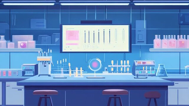 Modern laboratory interior with equipment displaying research data on large screen