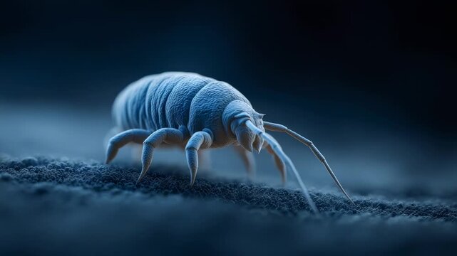 Microscopic dust mite crawling across textured surface, revealing potential health risks linked to allergies, respiratory issues, and skin irritation associated with household environments