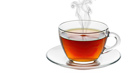 Steaming hot black tea served in a transparent glass teacup and saucer.