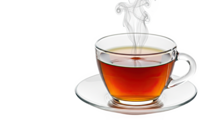 Steaming hot black tea served in a transparent glass teacup and saucer.