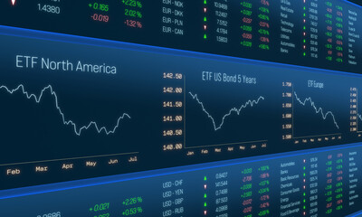 ETF trading screen, exchange-traded fund, stock market, ETF North America investment. Wealth, growth, strategy, banking, financial figures, data, research. 3D illustration