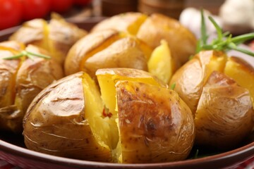 Tasty baked potatoes with rosemary served on table, closeup
