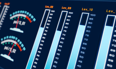 Electronic display, bar graph, digital measuring device. Graph moves up and down, value scale, industrial, psi, monitoring and control. 3D illustration