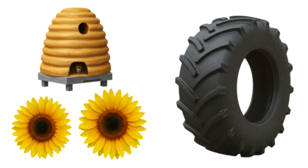 FARMING - Beehive, sunflowers, and large tractor tire isolated on white background, rural farming and agriculture concept
