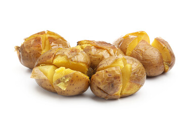 Many tasty baked potatoes isolated on white