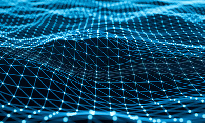 Blue polygon, plexus, triangle shape, wire frame, network of blue polygons. Vector, connect lines and dots, science, futuristic, system, digital and abstract. 3D illustration